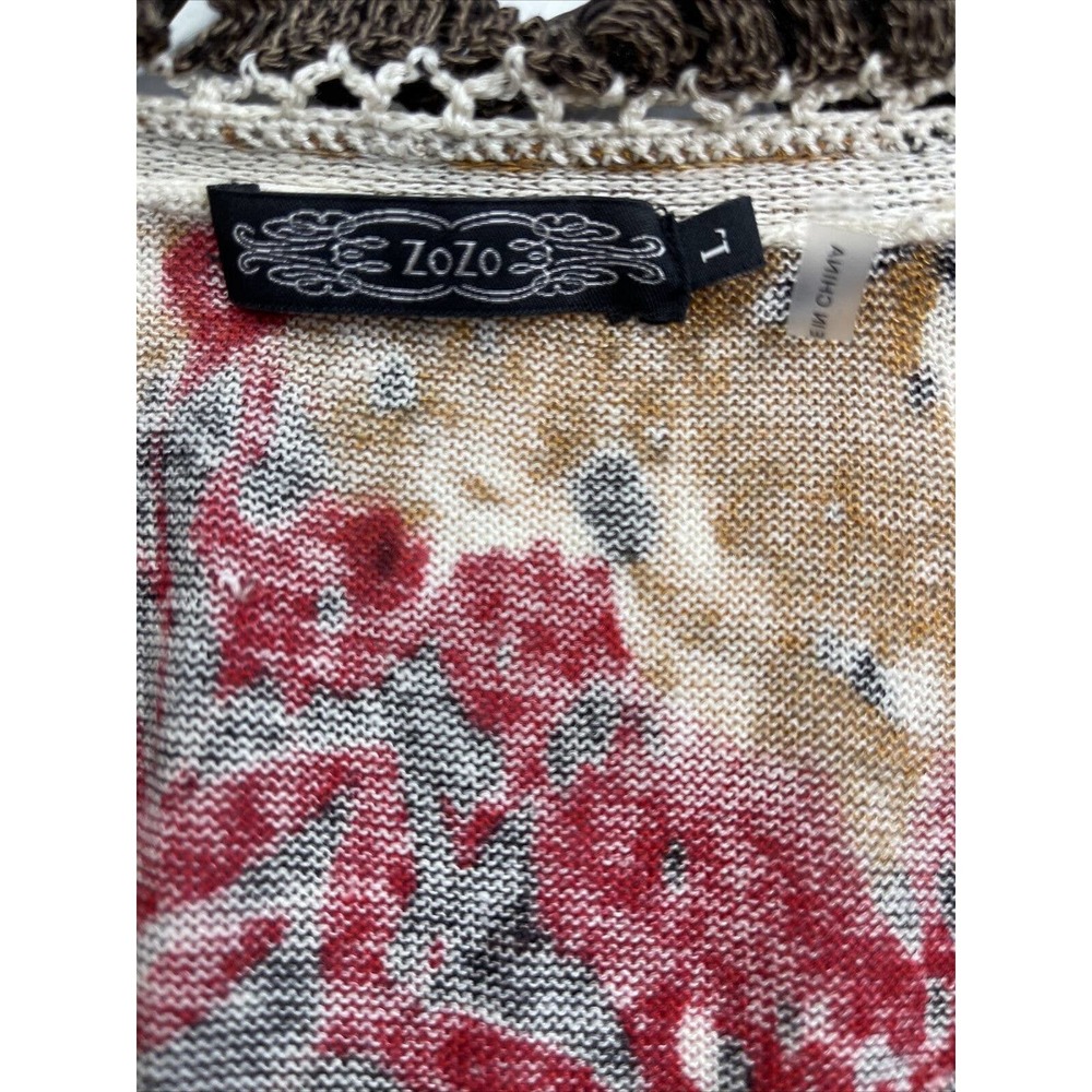 Zozo Knit Cardigan Sweater Linen Blend Size L Button Front Floral Thin - Picture 2 of 10